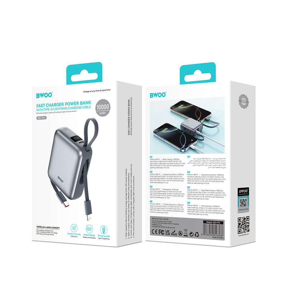 Zewnętrzna bateria BWOO BO-P74, 10000mAh, 22.5W, PD, 1 x Lightning - 2 x USB-C, Czarna