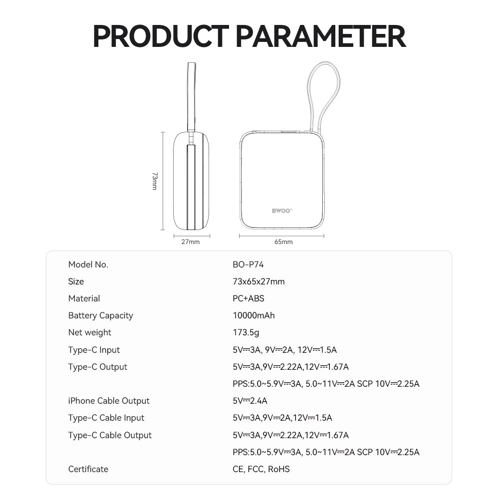 Zewnętrzna bateria BWOO BO-P74, 10000mAh, 22.5W, PD, 1 x Lightning - 2 x USB-C, Czarna