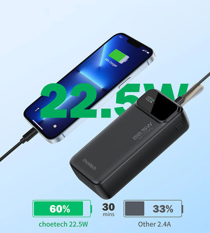 Bateria zewnętrzna Choetech B730, 30000 mAh, 22,5 W, QC + PD, 1 x USB-C - 2 x USB-A, czarna 