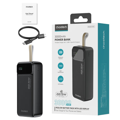 Bateria zewnętrzna Choetech B730, 30000 mAh, 22,5 W, QC + PD, 1 x USB-C - 2 x USB-A, czarna 