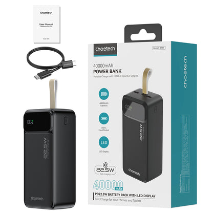 Bateria zewnętrzna Choetech B731, 40000 mAh, 22,5 W, QC + PD, 1 x USB-C - 2 x USB-A, czarna 