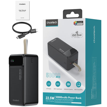 Bateria zewnętrzna Choetech B732, 50000 mAh, 22,5 W, QC + PD, 1 x USB-C - 2 x USB-A, czarna 