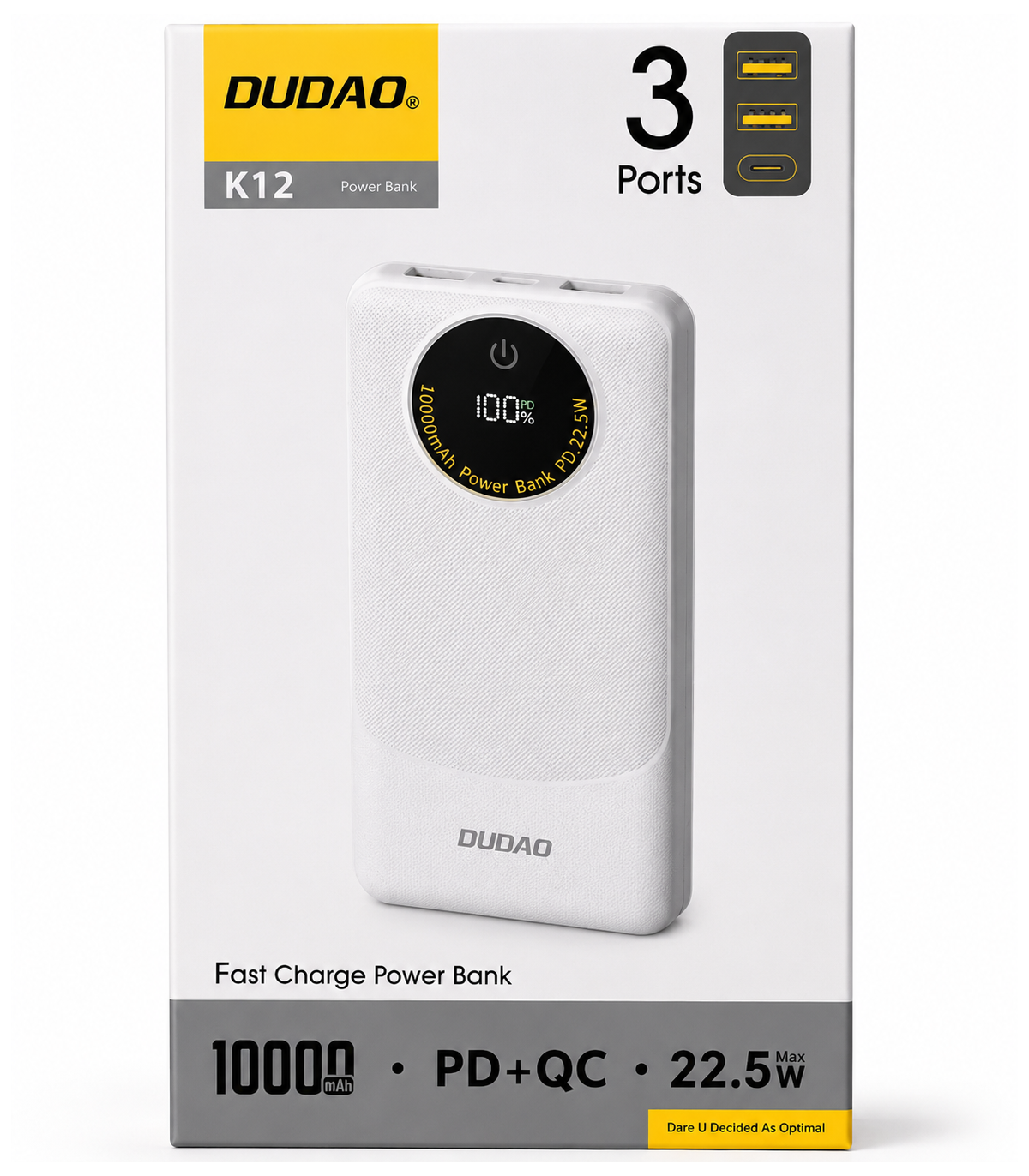 Zewnętrzna bateria Dudao K12, 10000mAh, 22.5W, QC + PD, 1 x USB-C - 2 x USB-A, Biała