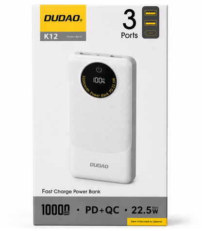 Zewnętrzna bateria Dudao K12, 10000mAh, 22.5W, QC + PD, 1 x USB-C - 2 x USB-A, Biała