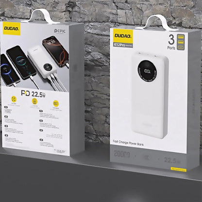 Zewnętrzna bateria Dudao K12Pro, 20000mAh, 22.5W, QC + PD, 1 x USB-C - 2 x USB-A, Biała