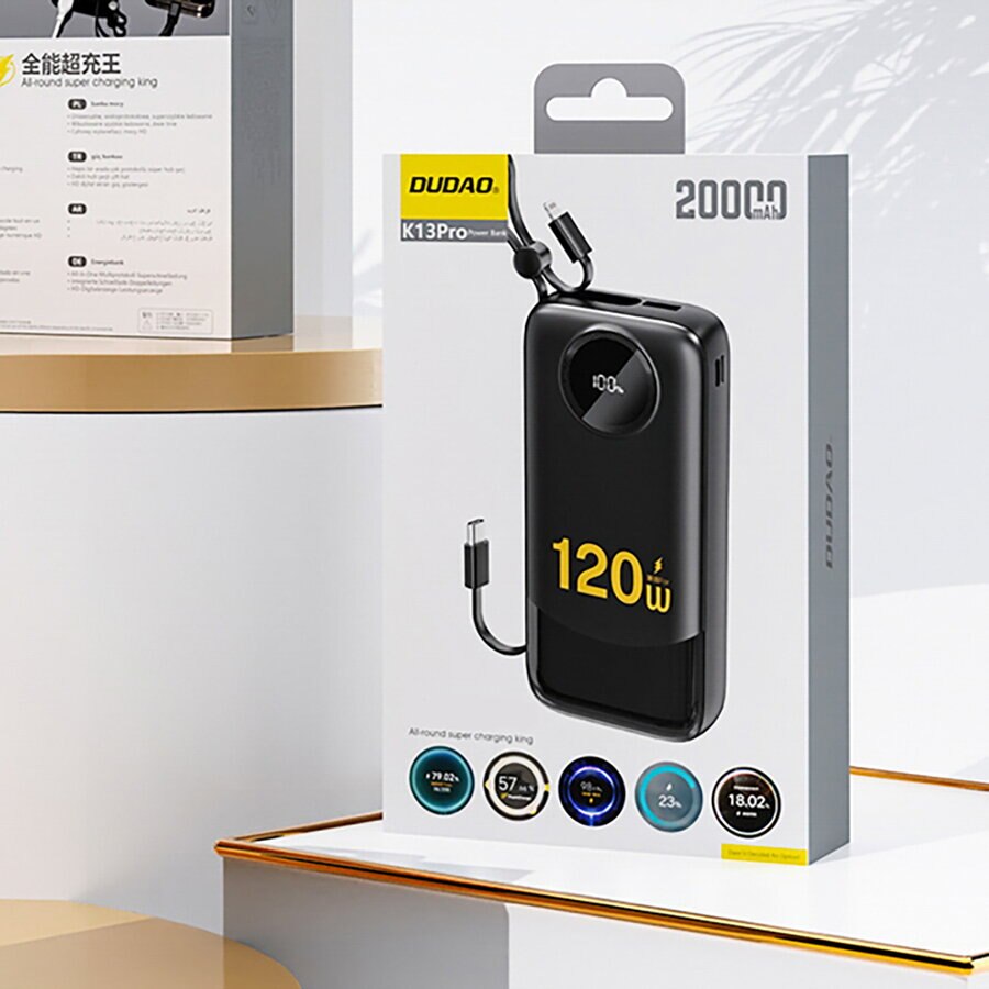 Zewnętrzna bateria Dudao K13, 10000mAh, 22.5W, QC + PD, 1 x Lightning - 1 x USB-A - 2 x USB-C, Czarna