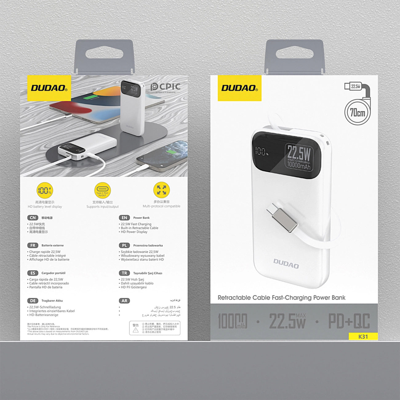 Zewnętrzna bateria Dudao K31, 10000mAh, 22.5W, PD, 2 x USB-C, Biała