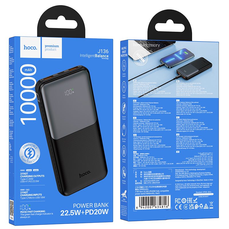 Powerbank HOCO J136, 10000 mAh, 22,5 W, QC + PD, 1 × USB-C – 2 × USB-A, czarny