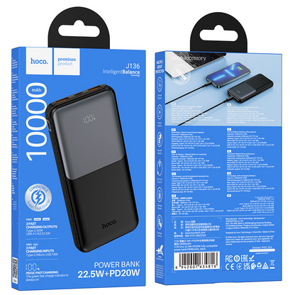 Powerbank HOCO J136, 10000 mAh, 22,5 W, QC + PD, 1 × USB-C – 2 × USB-A, czarny