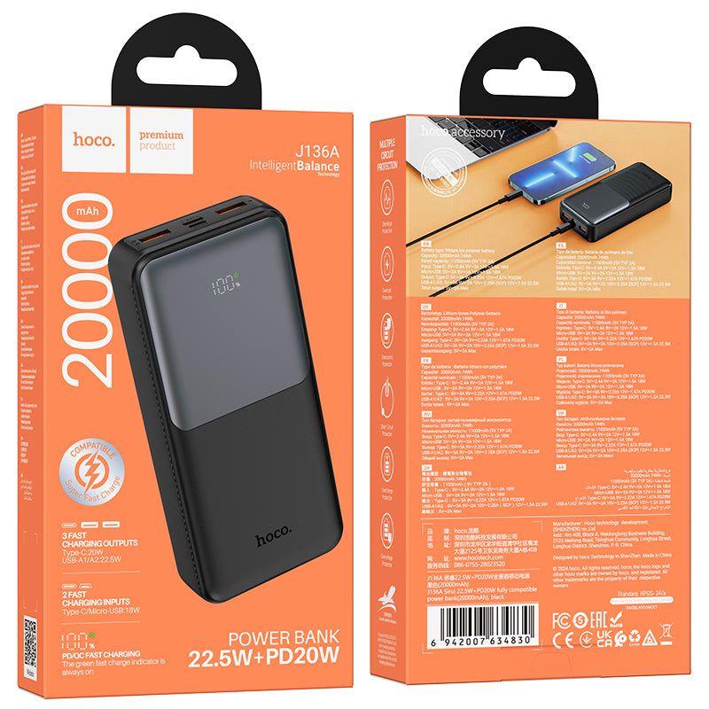 Powerbank HOCO J136A, 20000mAh, 22,5W, QC + PD, 1 x USB-C - 2 x USB-A, Czarny