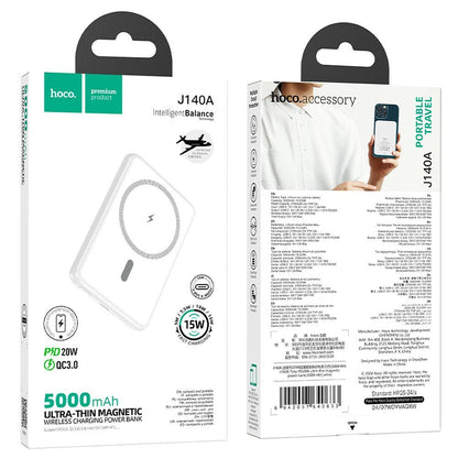 Wireless External Battery HOCO J140A, 5000mAh, 20W, PD + QI, 1 x USB-C, White