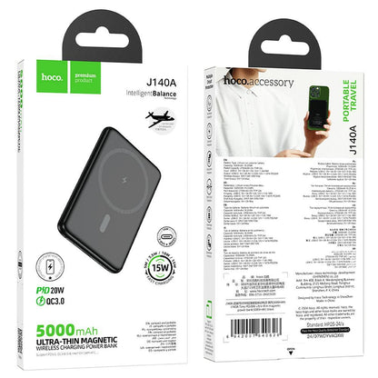 Powerbank HOCO Wireless J140A, 5000mAh, 20W, PD + QI, 1 x USB-C, Czarny
