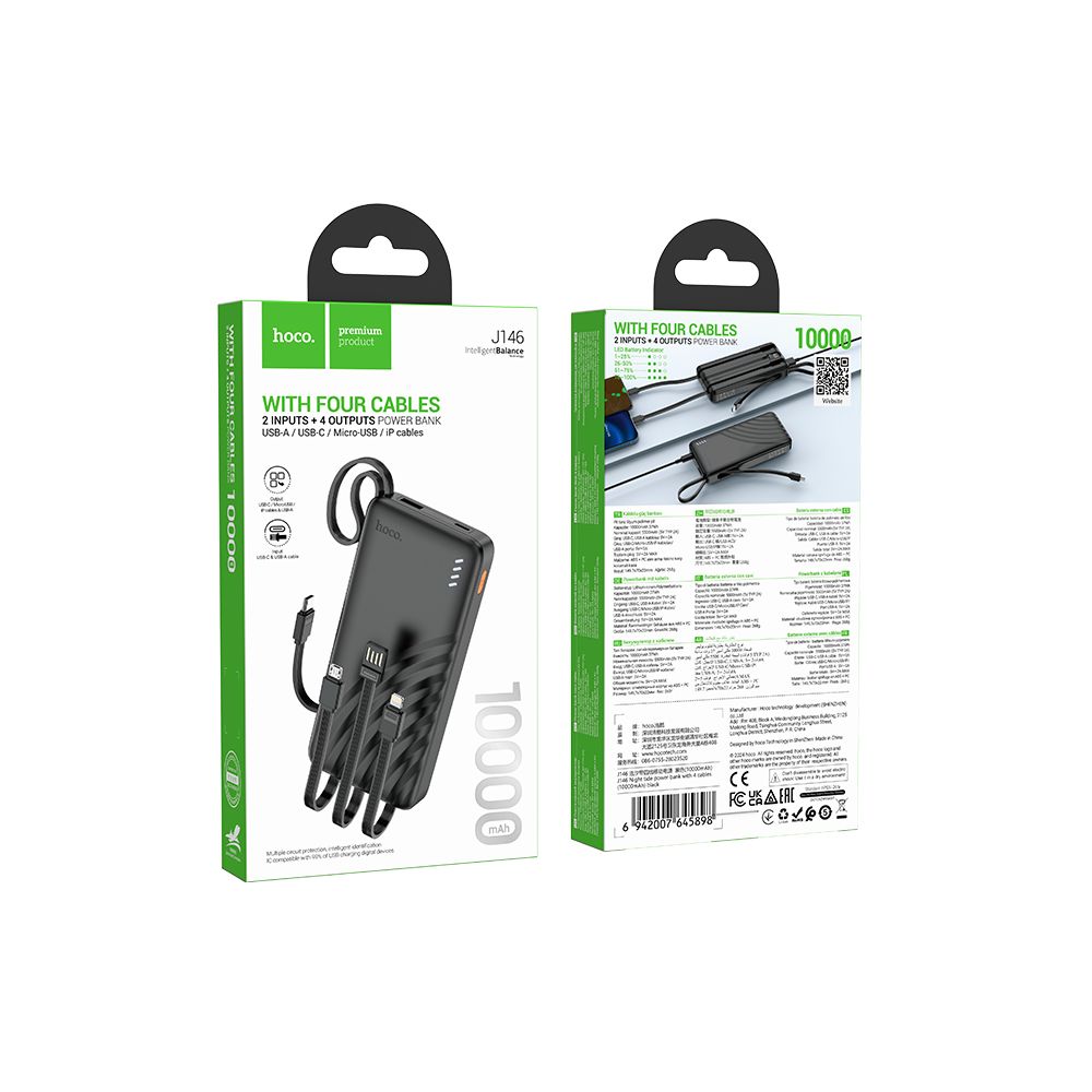 Powerbank HOCO J146, 10000mAh, 10W, 1 x Lightning - 1 x microUSB - 1 x USB-A - 1 x USB-C, Czarny