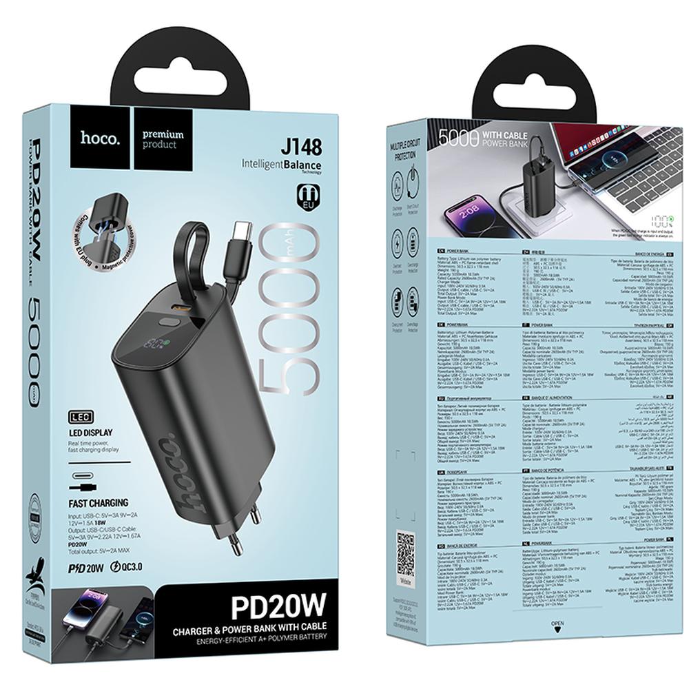 HOCO J148 2-in-1 Power Bank, 5000mAh, 20W, PD, 2 x USB-C, Black