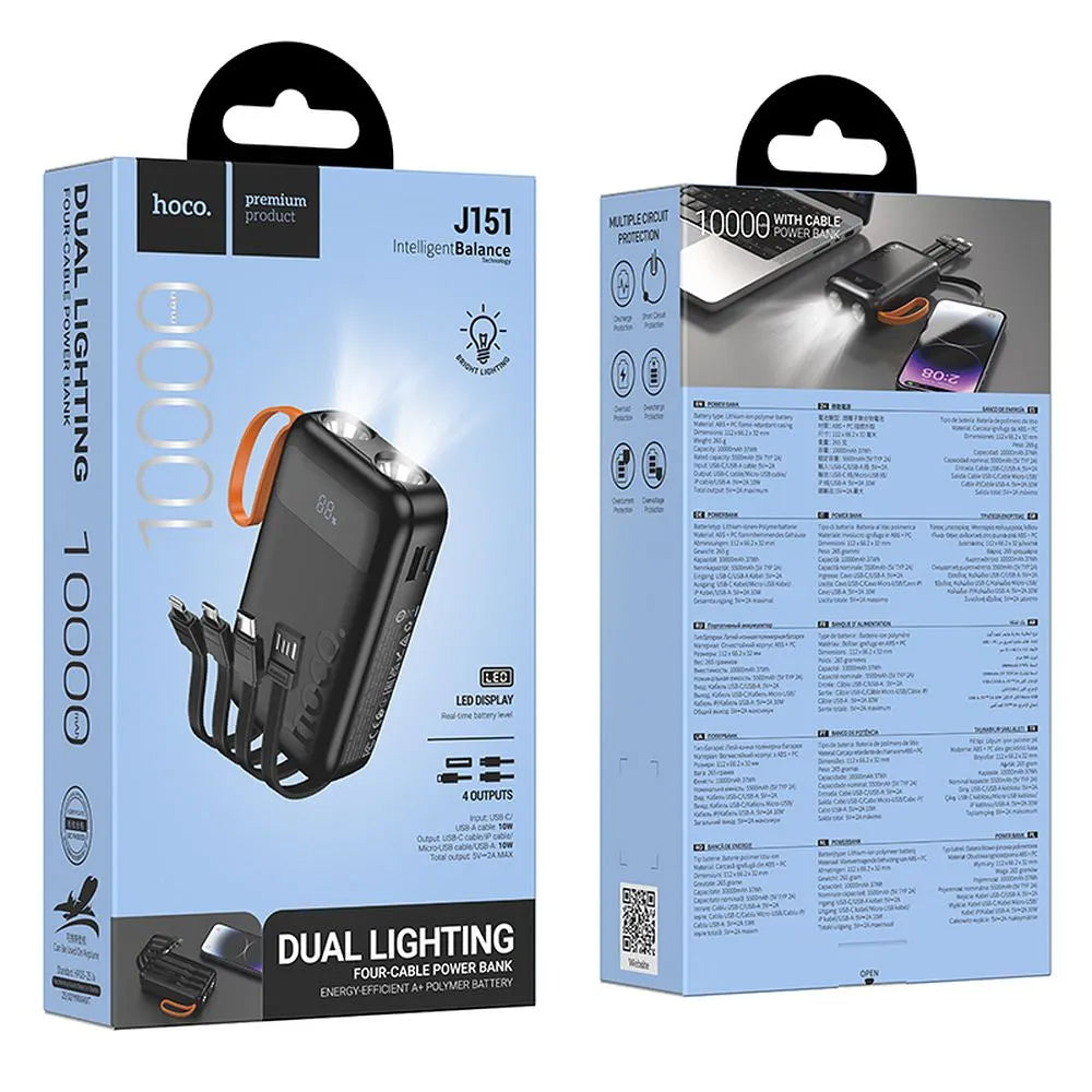 Zewnętrzna bateria HOCO J151, 10000mAh, 10W, 1 x Lightning - 1 x microUSB - 1 x USB-A - 1 x USB-C, Czarna