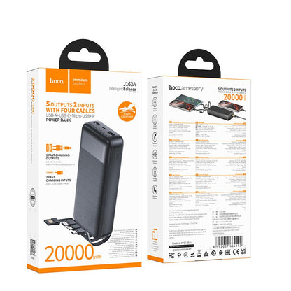 Powerbank HOCO J163A, 20000 mAh, 10 W, 1 × Lightning – 1 × microUSB – 1 × USB-C – 2 × USB-A, czarny