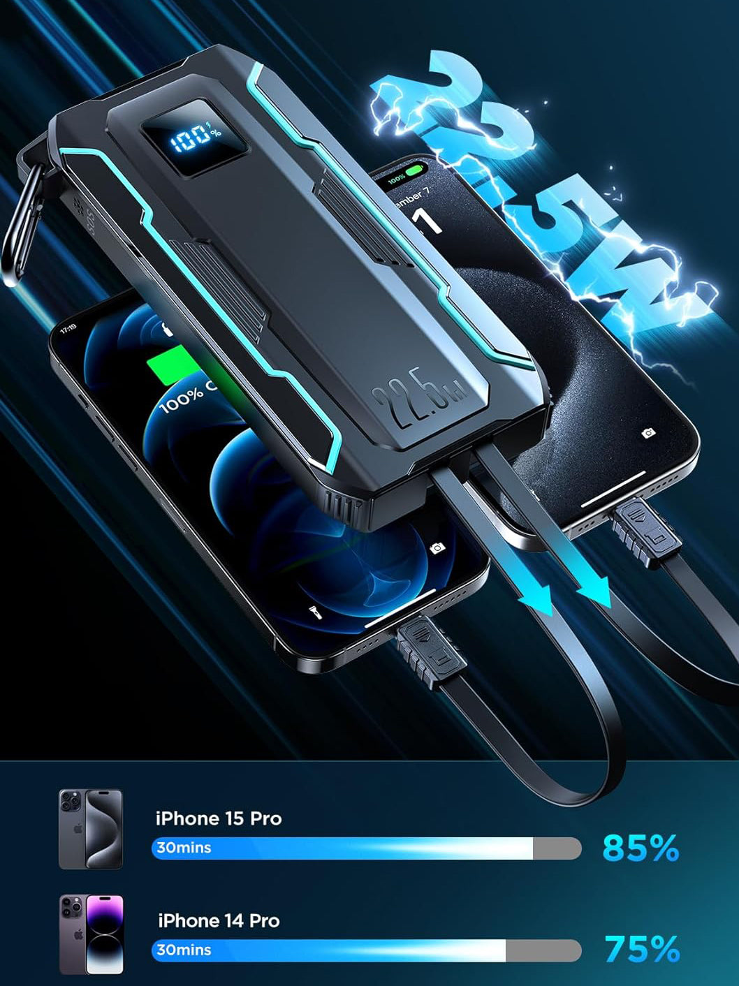 Zewnętrzna bateria Joyroom JR-L017, 10000mAh, 22.5W, QC + PD, 1 x Lightning - 1 x USB-A - 2 x USB-C, Czarna