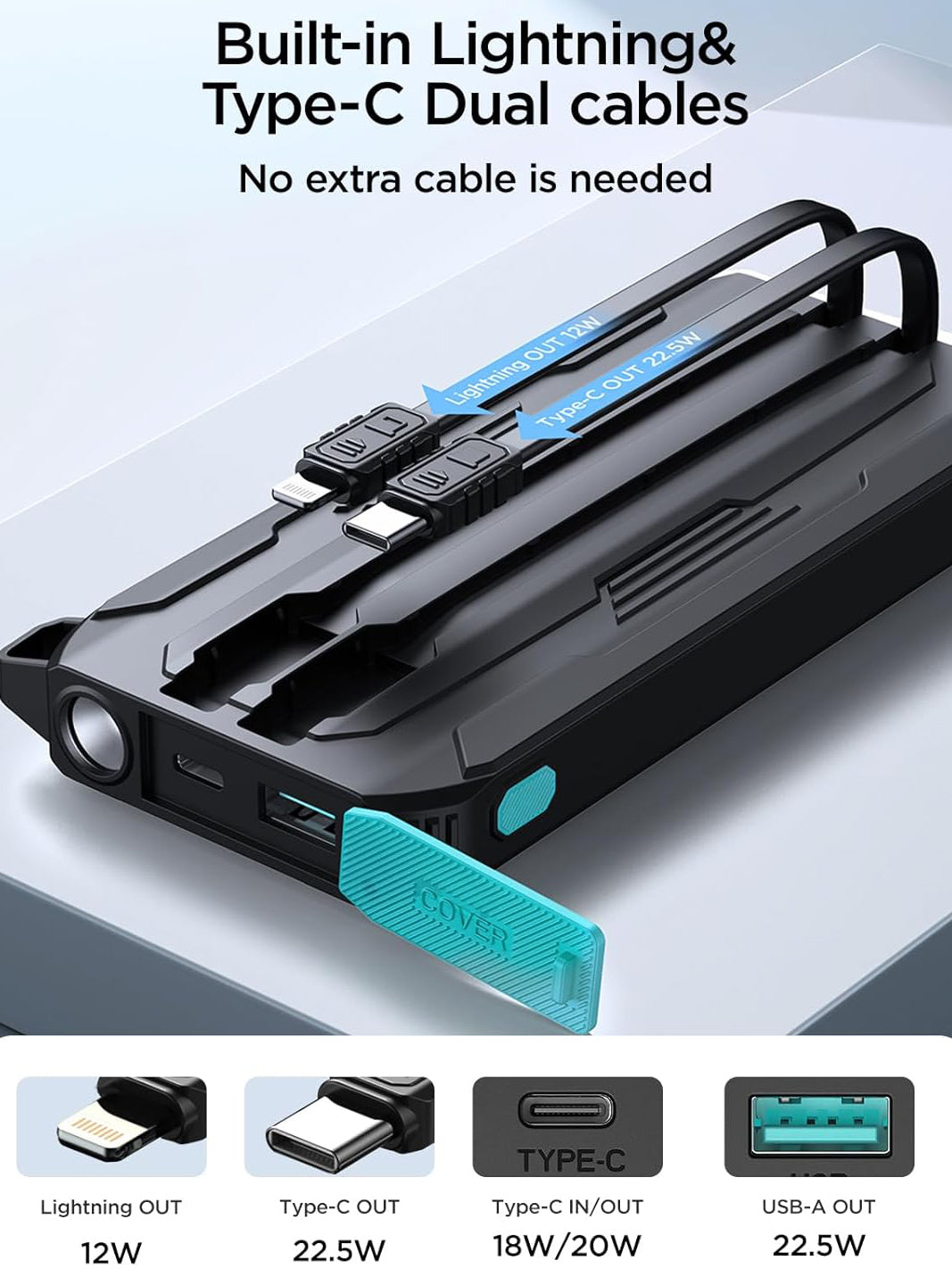 Zewnętrzna bateria Joyroom JR-L017, 10000mAh, 22.5W, QC + PD, 1 x Lightning - 1 x USB-A - 2 x USB-C, Czarna