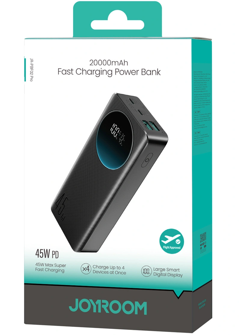 Powerbank Joyroom JR-PBF02 Pro, 20000mAh, 45W, QC + PD, 2 x USB-A - 2 x USB-C, Czarny