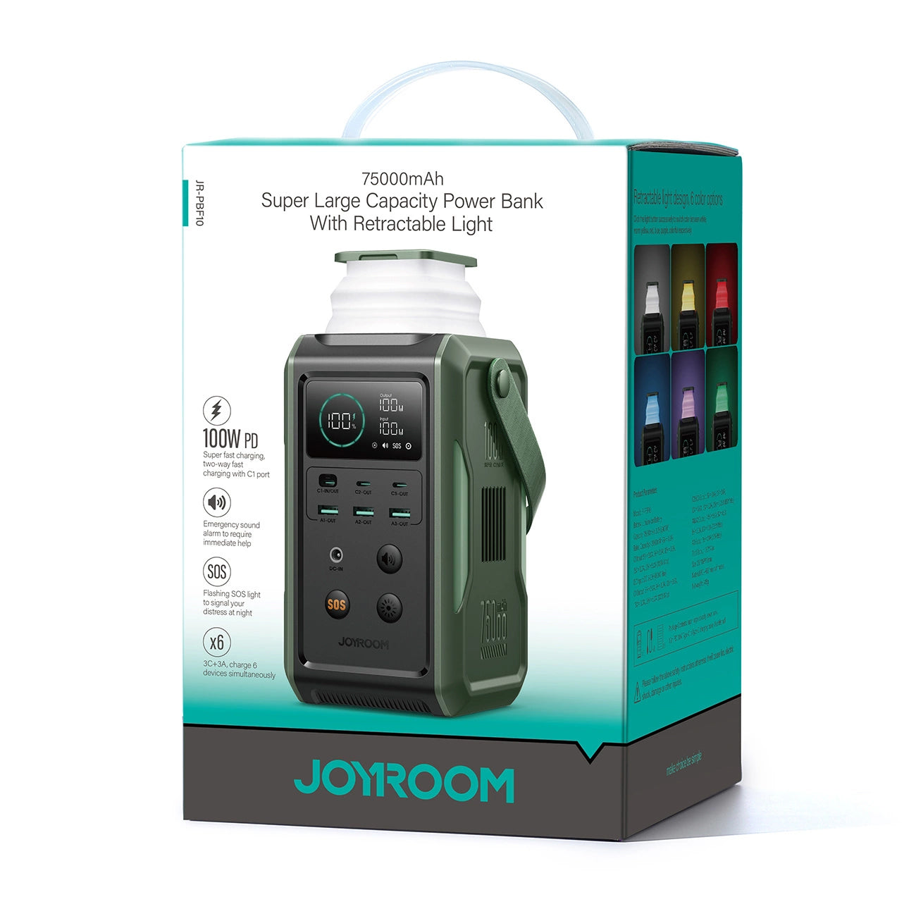 Powerbank Joyroom JR-PBF10, 75000mAh, 100W, QC + PD, 3 x USB-A - 3 x USB-C, Zielony