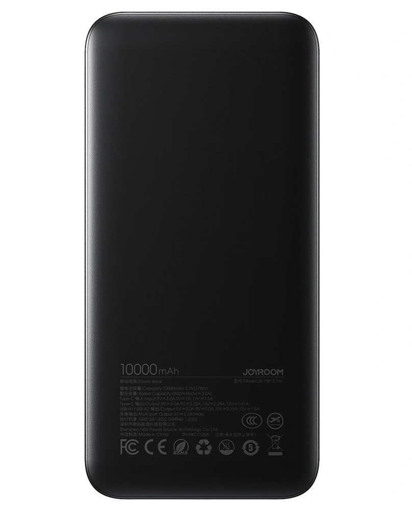 Joyroom JR-PBF12 Pro External Battery, 10000mAh, 22.5W, QC + PD, 1 x USB-C - 2 x USB-A, Black