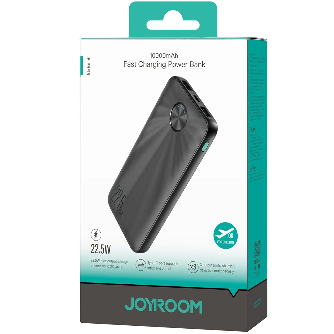 Bateria zewnętrzna Joyroom JR-PBF15, 10000 mAh, 22,5 W, QC + PD, 1 x USB-C - 2 x USB-A, czarna 