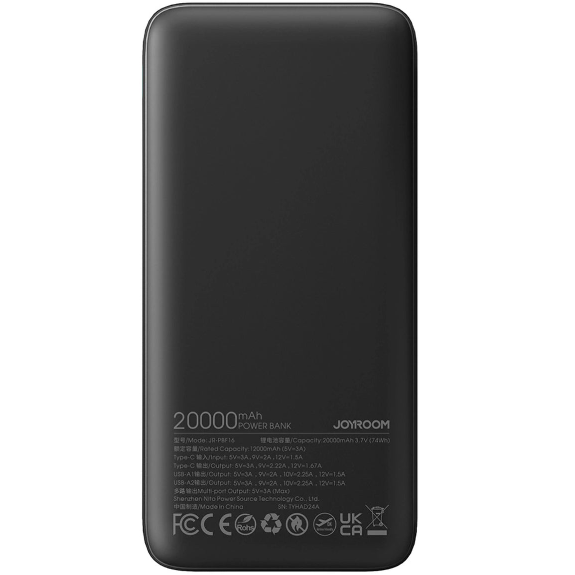 Bateria zewnętrzna Joyroom JR-PBF16, 20000 mAh, 22,5 W, QC + PD, 1 x USB-C - 2 x USB-A, czarna 