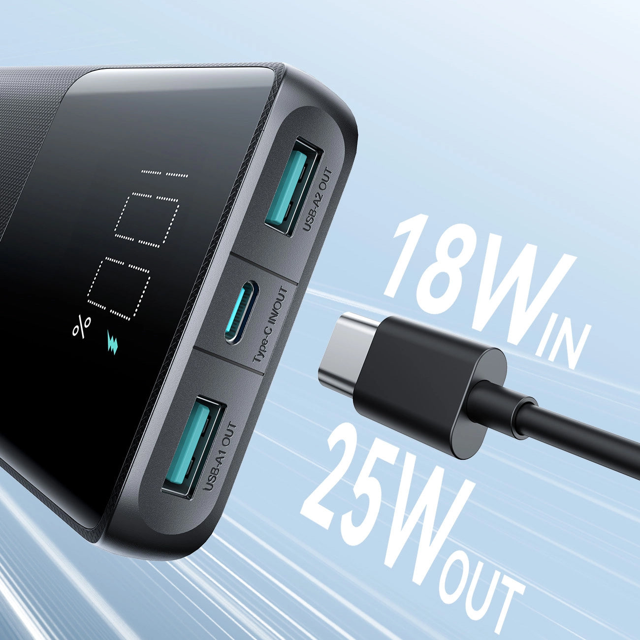 Zewnętrzna bateria Joyroom JR-PBF20, 10000mAh, 25W, QC + PD, 1 x USB-C - 2 x USB-A, Czarna