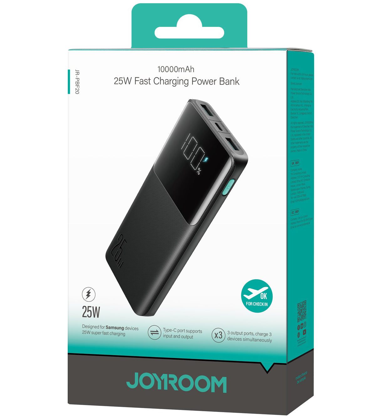 Zewnętrzna bateria Joyroom JR-PBF20, 10000mAh, 25W, QC + PD, 1 x USB-C - 2 x USB-A, Czarna