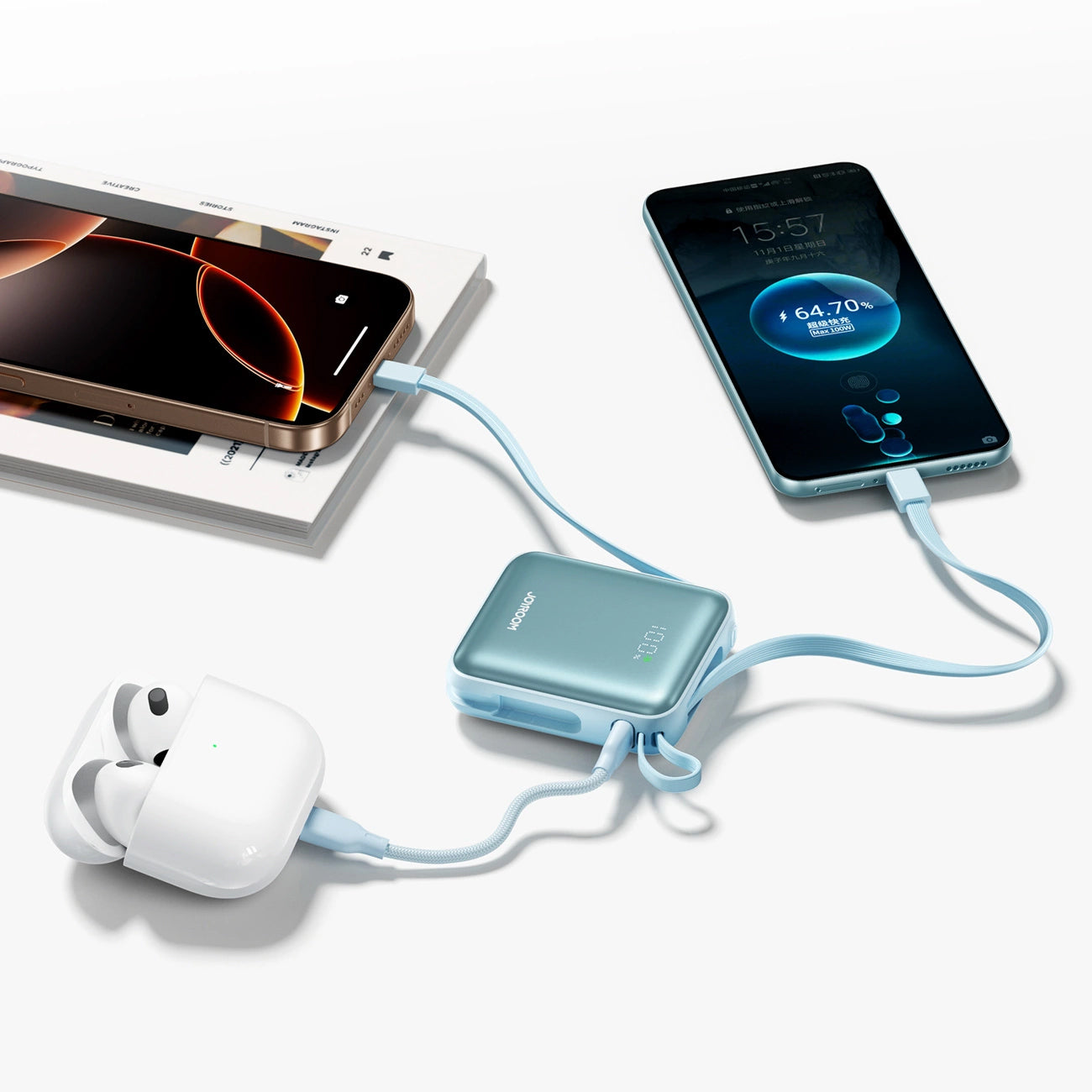 Zewnętrzna bateria Joyroom JR-PBF27, 10000mAh, 22.5W, PD, 1 x Lightning - 2 x USB-C, Niebieska