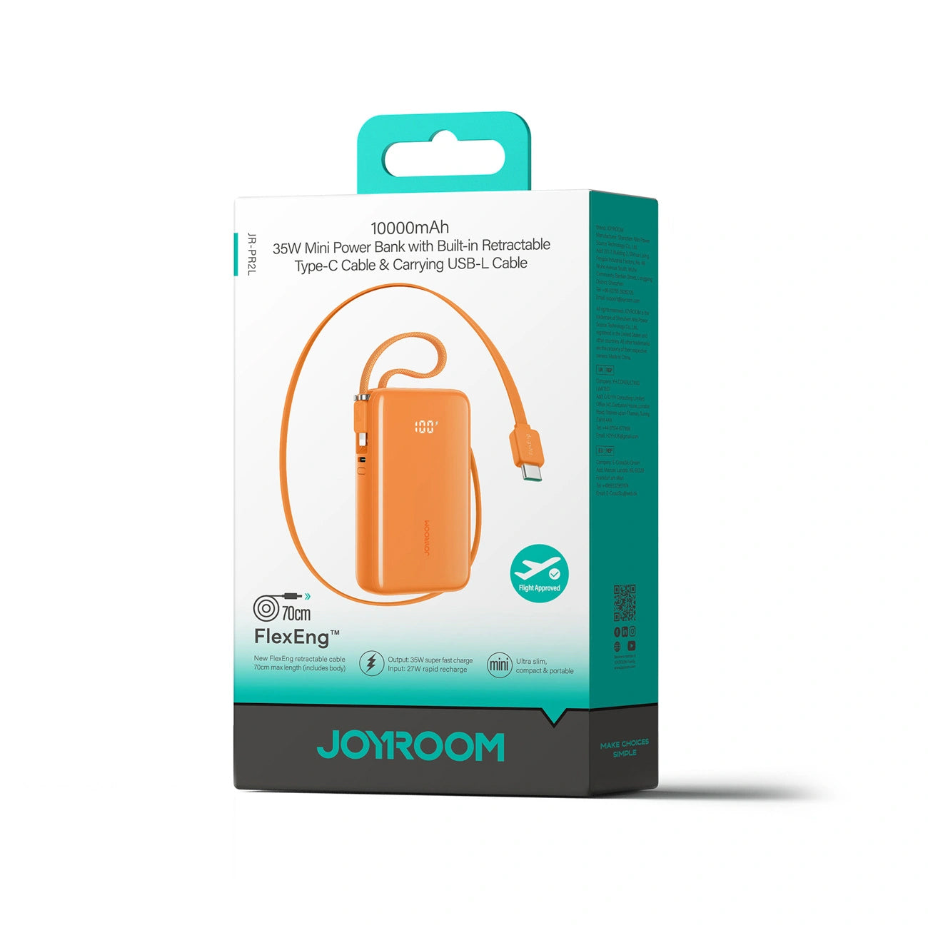 Joyroom JR-PR2L External Battery, 10000mAh, 35W, QC + PD, 1 x Lightning - 2 x USB-C, Orange