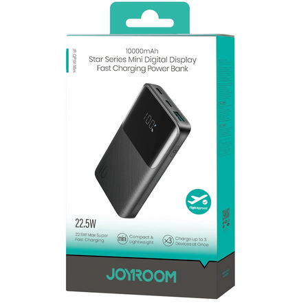 Joyroom JR-QP191 External Battery, 10000mAh, 22.5W, QC + PD, 1 x USB-A - 2 x USB-C, Black