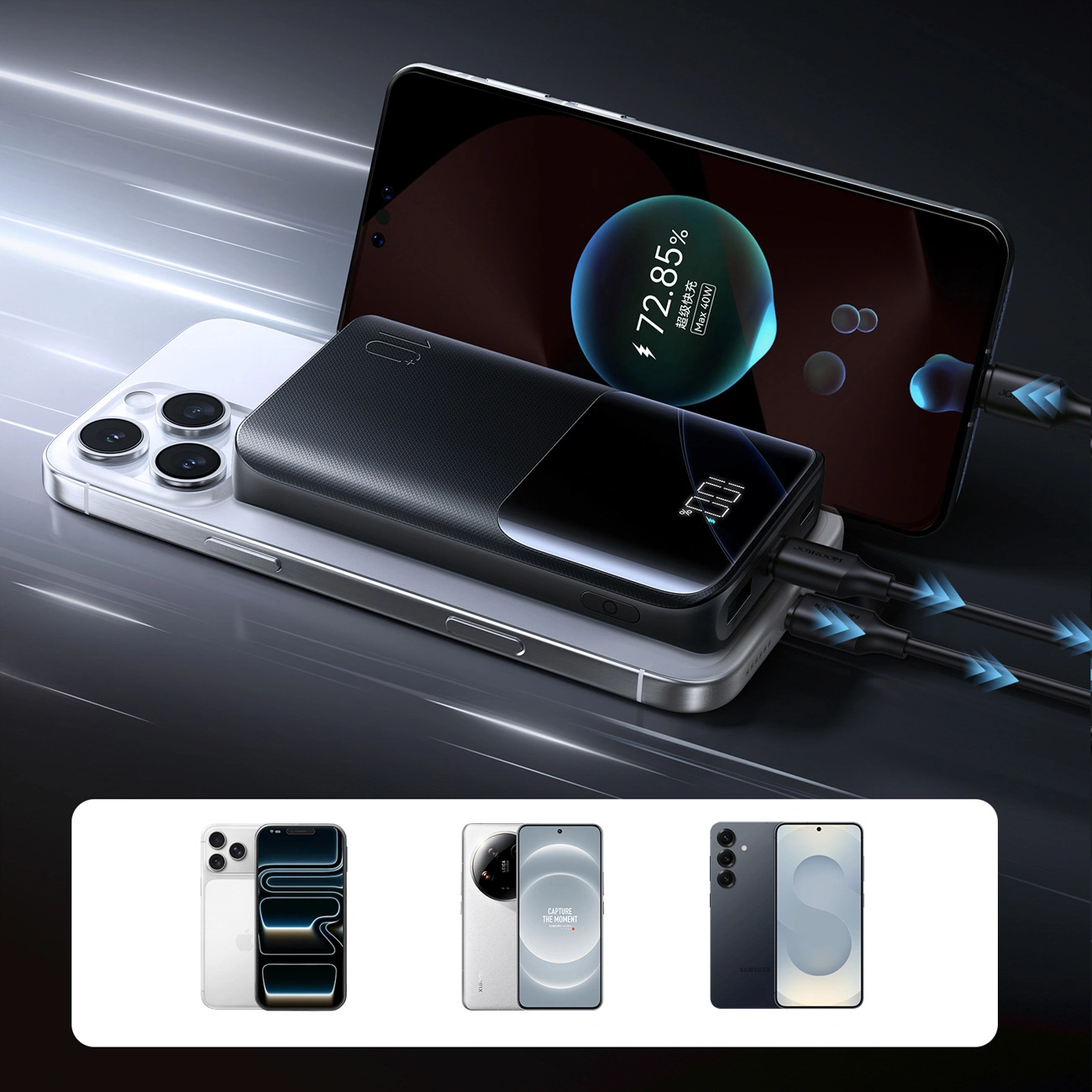 Joyroom JR-QP191 External Battery, 10000mAh, 22.5W, QC + PD, 1 x USB-A - 2 x USB-C, Black