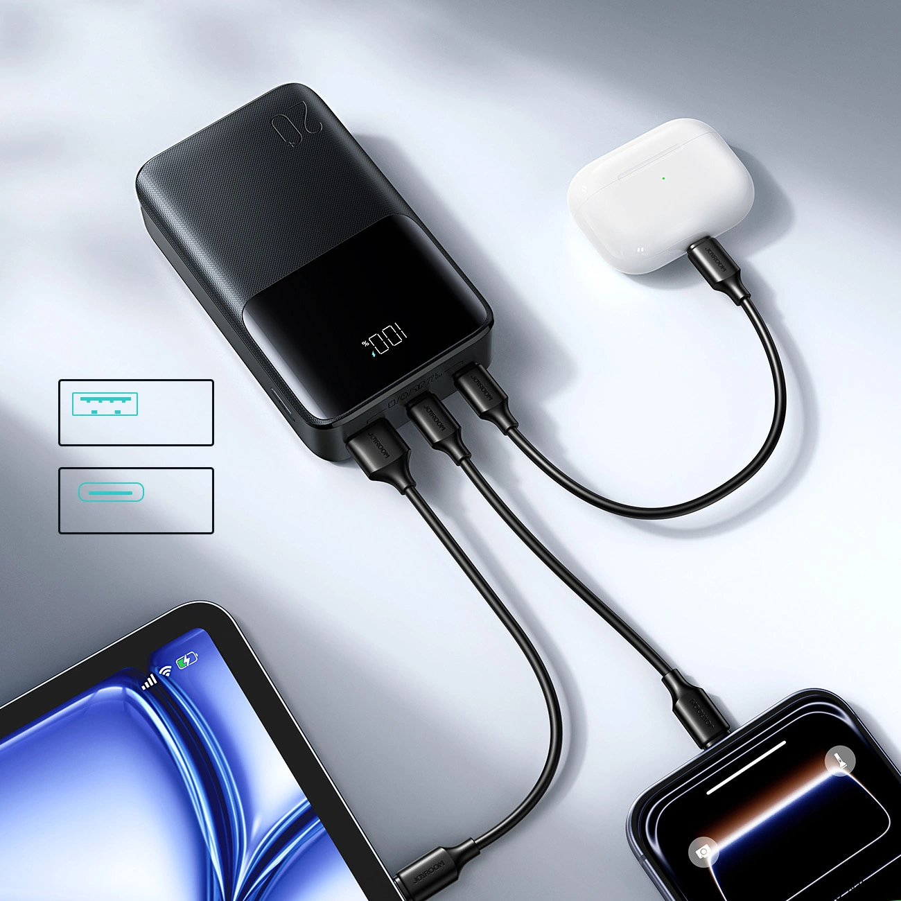 Joyroom JR-QP192 External Battery, 20000mAh, 22.5W, QC + PD, 1 x USB-A - 2 x USB-C, Black