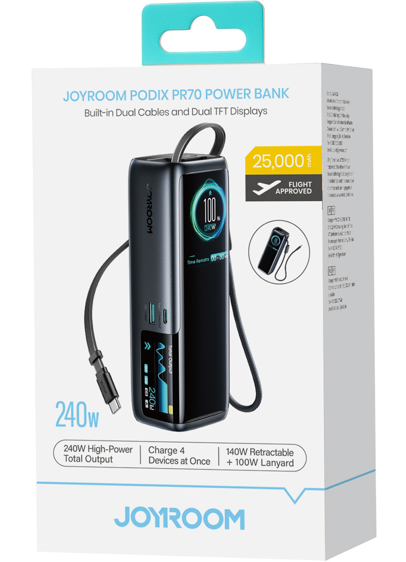 Powerbank Joyroom PODIX PR70, 25000 mAh, 240 W, QC + PD, 1 × USB-A – 3 × USB-C, czarny