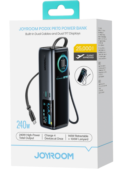Powerbank Joyroom PODIX PR70, 25000 mAh, 240 W, QC + PD, 1 × USB-A – 3 × USB-C, czarny