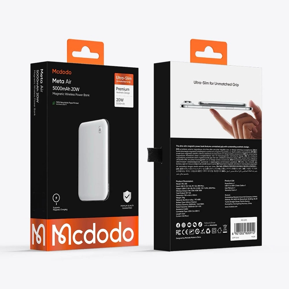Bezprzewodowy powerbank McDodo MC-2931 Meta Air, 5000mAh, 20W, PD + FQI, 1 x QI - 1 x USB-C, czarny
