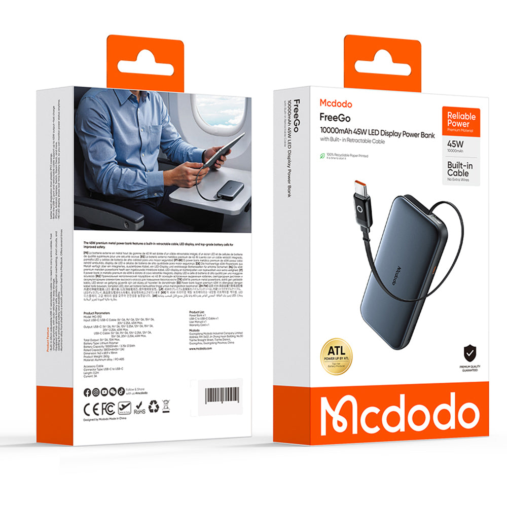 Powerbank McDodo MC-5920 MetaFree, 10000mAh, 45W, PD, 2 x USB-C, Szary