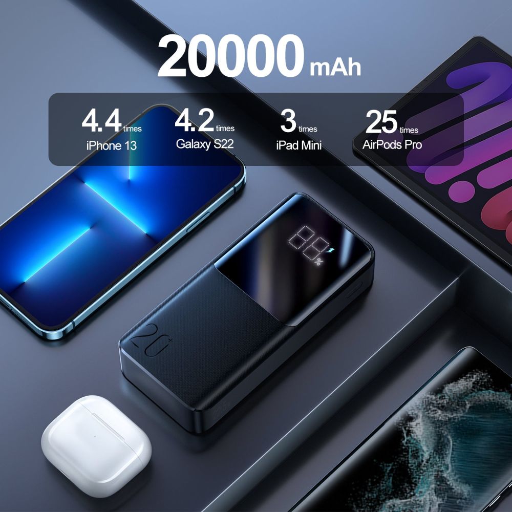 Zewnętrzna bateria Joyroom, 20000mAh, 22.5W, QC + PD, 1 x USB-C - 2 x USB-A, Czarna JR-QP192