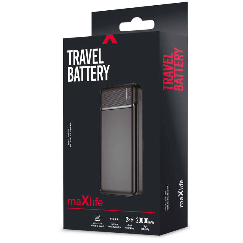 Bateria zewnętrzna MaXlife MXPB-01, 20000 mAh, 12 W, 2 x USB-A, czarna