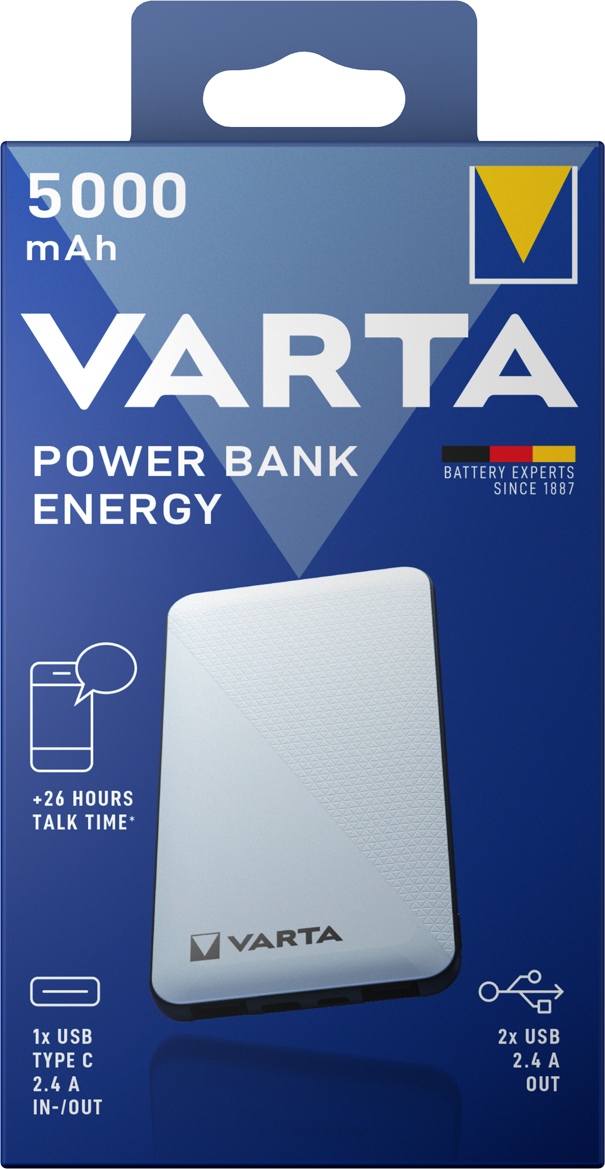 Bateria zewnętrzna Varta Energy, 5000 mAh, 15 W, 2 x USB-A - 1 x USB-C, biała