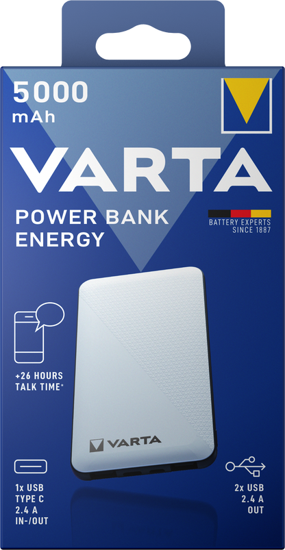 Bateria zewnętrzna Varta Energy, 5000 mAh, 15 W, 2 x USB-A - 1 x USB-C, biała