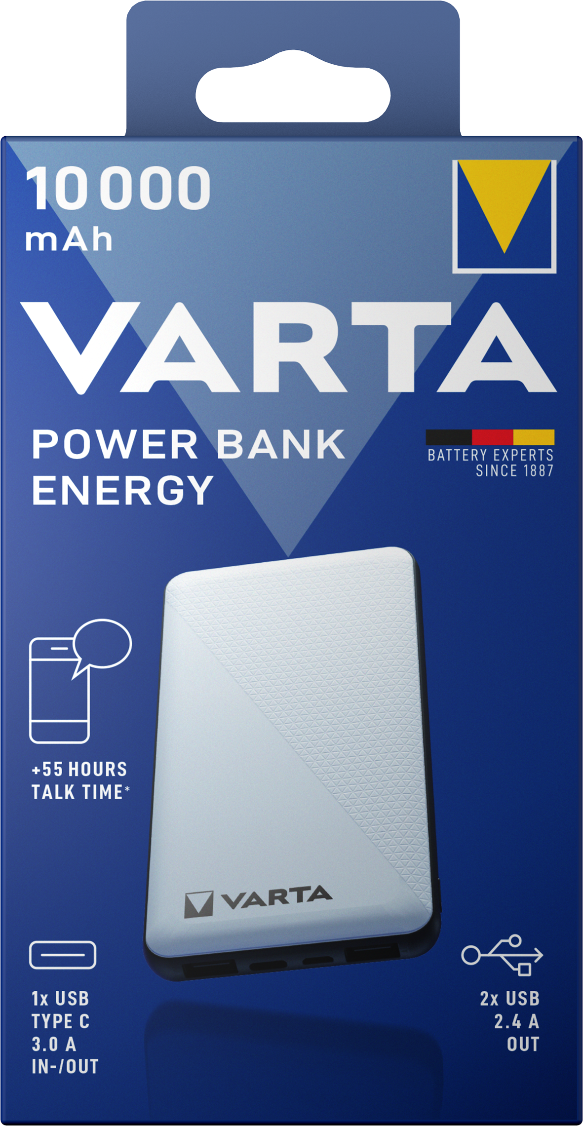 Bateria zewnętrzna Varta Energy, 10000 mAh, 15 W, 2 x USB-A - 1 x USB-C, biała