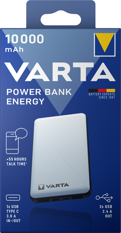 Bateria zewnętrzna Varta Energy, 10000 mAh, 15 W, 2 x USB-A - 1 x USB-C, biała