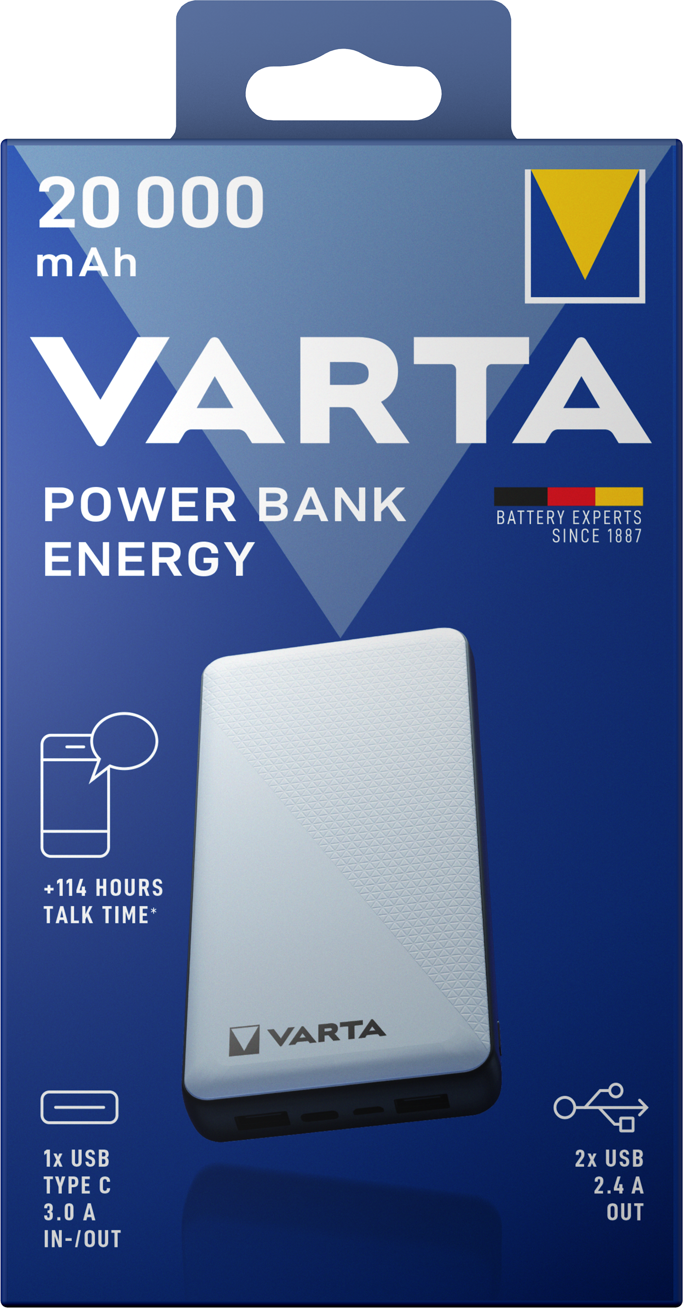 Bateria zewnętrzna Varta Energy, 20000 mAh, 15 W, 2 x USB-A - 1 x USB-C, biała