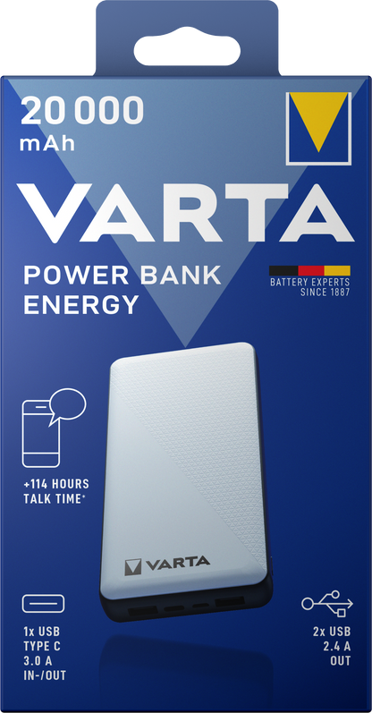 Bateria zewnętrzna Varta Energy, 20000 mAh, 15 W, 2 x USB-A - 1 x USB-C, biała