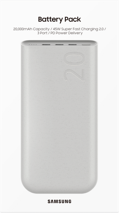 Bateria zewnętrzna Samsung, 20000 mAh, 45 W, PD, 3 x USB-C, beżowa EB-P4520XUEGEU 