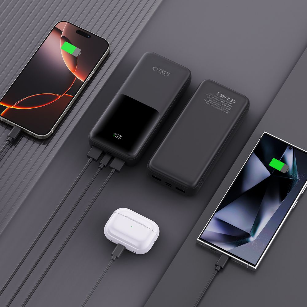 Tech-Protect PB02 External Battery, 20000mAh, 22.5W, QC + PD, 1 x USB-C - 2 x USB-A, Black