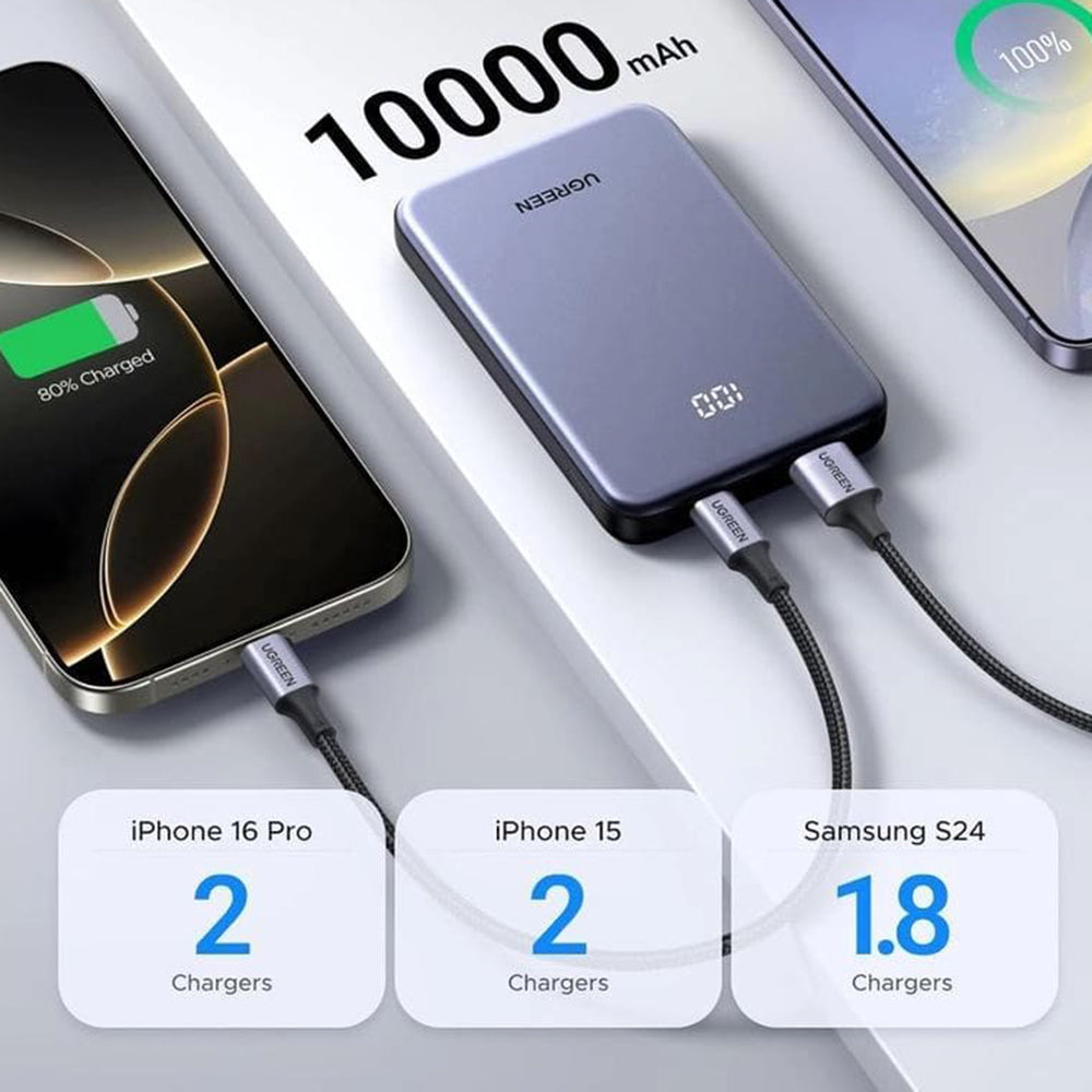 Zewnętrzna bateria UGREEN 75131B, 10000mAh, 22.5W, QC + PD, 1 x USB-A - 1 x USB-C, Szara
