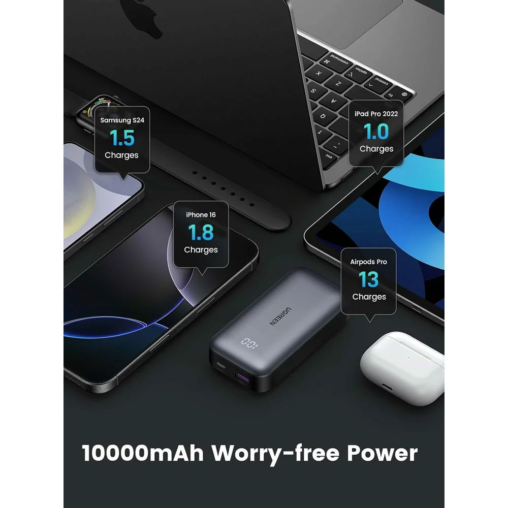 UGREEN PB502 External Battery, 10000mAh, 30W, QC + PD, 1 x USB-A - 1 x USB-C, Grey